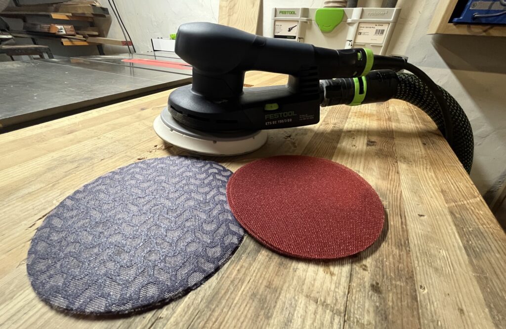 Festool Sander on workbench with 3M Xtract Cubitron II Net and Diablo Sandnet