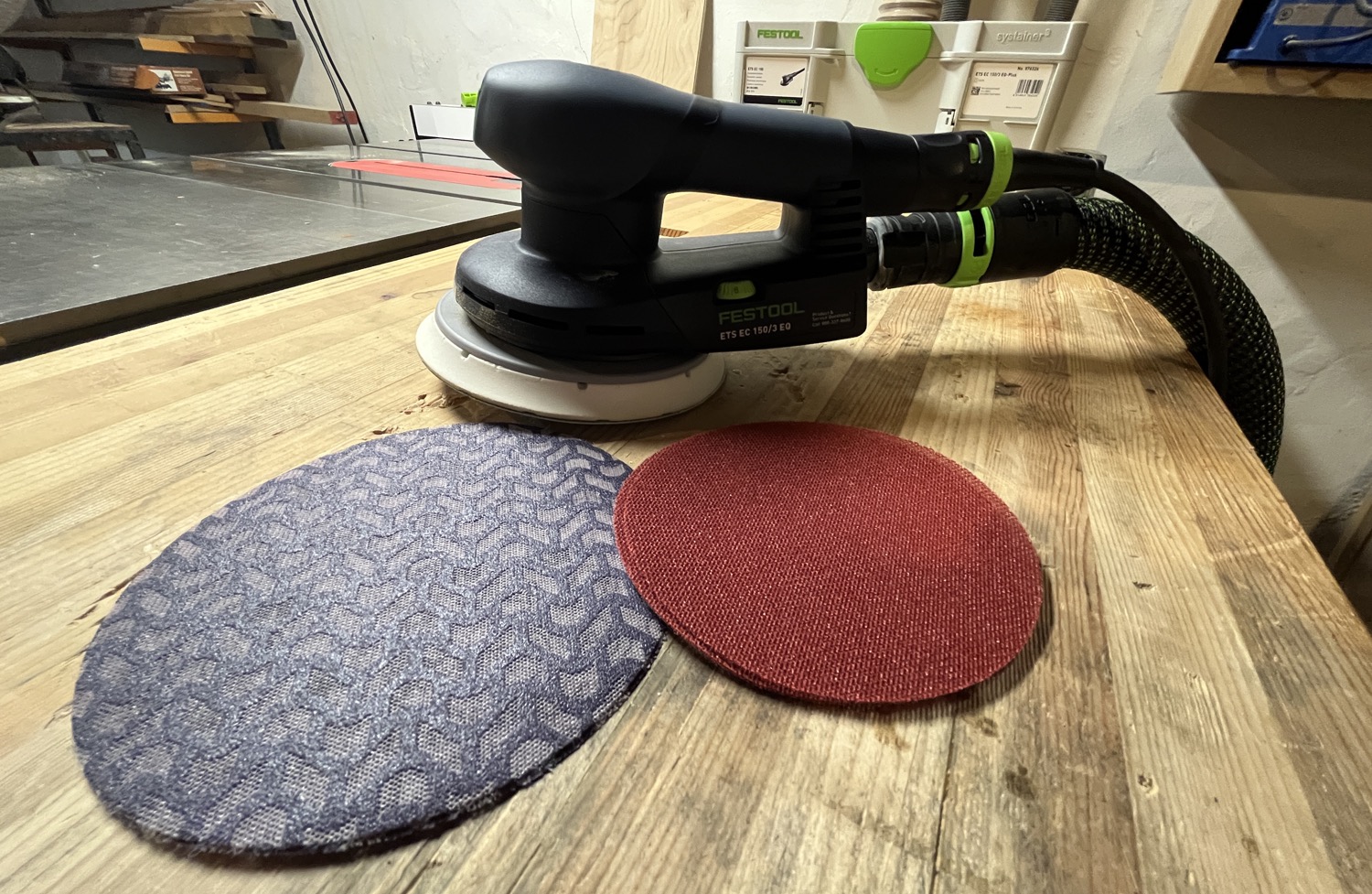 Festool Sander on workbench with 3M Xtract Cubitron II Net and Diablo Sandnet